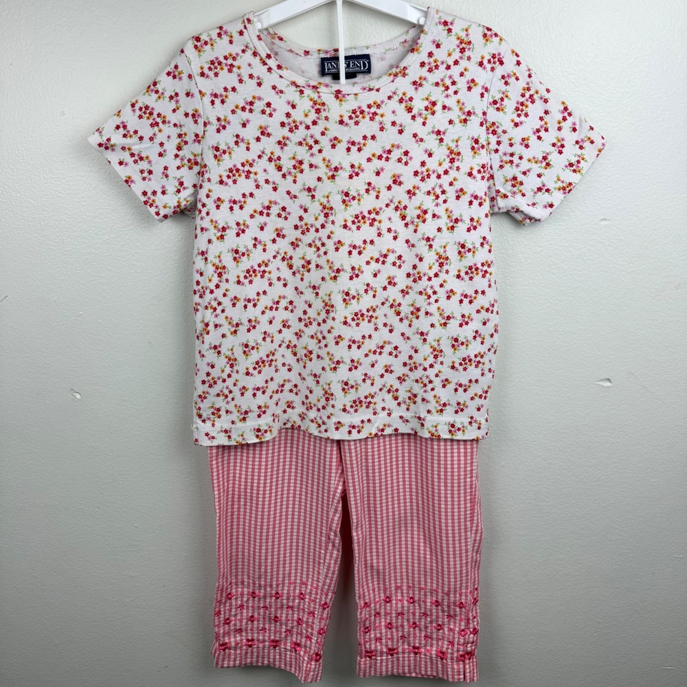 VTG Lands End Girls Floral Tee Gingham Embroider Crop Pants Outfit Set Size S 8